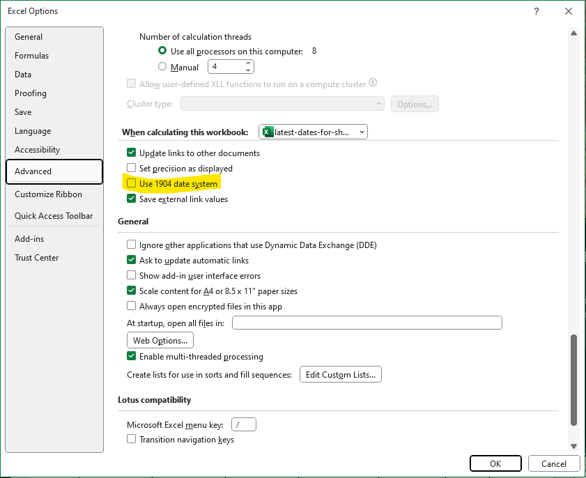 Excel Settings Window